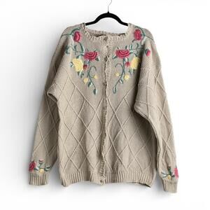 Vintage Cottagecore Beige Knit Floral Embroidered Cardigan